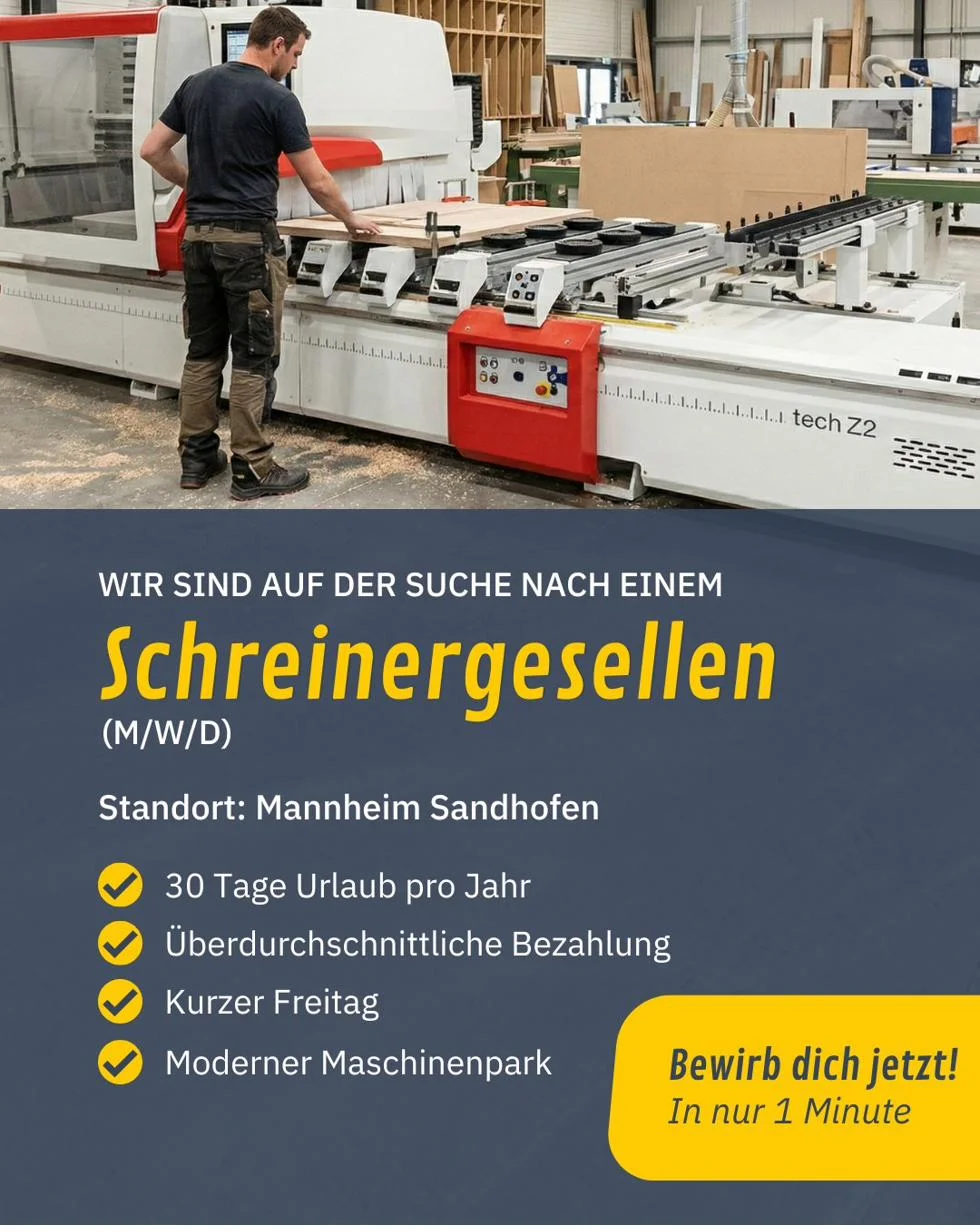 Stellenanzeige aus der Mitarbeitersuche 2026: oben eine Person an einer Maschine, unten die gesuchte Stelle und ihre Vorteile.